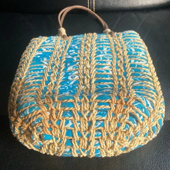 Ralph Lauren Polo Jean Co. Blue & White Bandanna Woven Straw Mini Bag - Picture 3 of 11